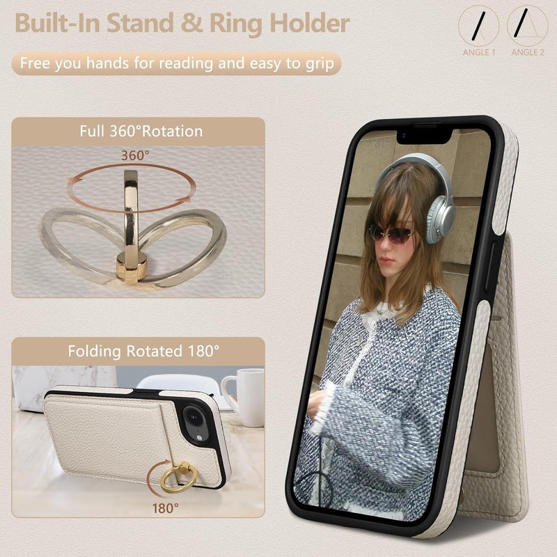 Keallce Case for iPhone 16e 6.1'', Detachable Crossbody Case Wallet with RFID Blocking Card Holder, 360ｰRing Stand, Folio Leather Phone Cover Shoulder Lanyard Strap Lady for iPhone 16e 2025, White - Image 4